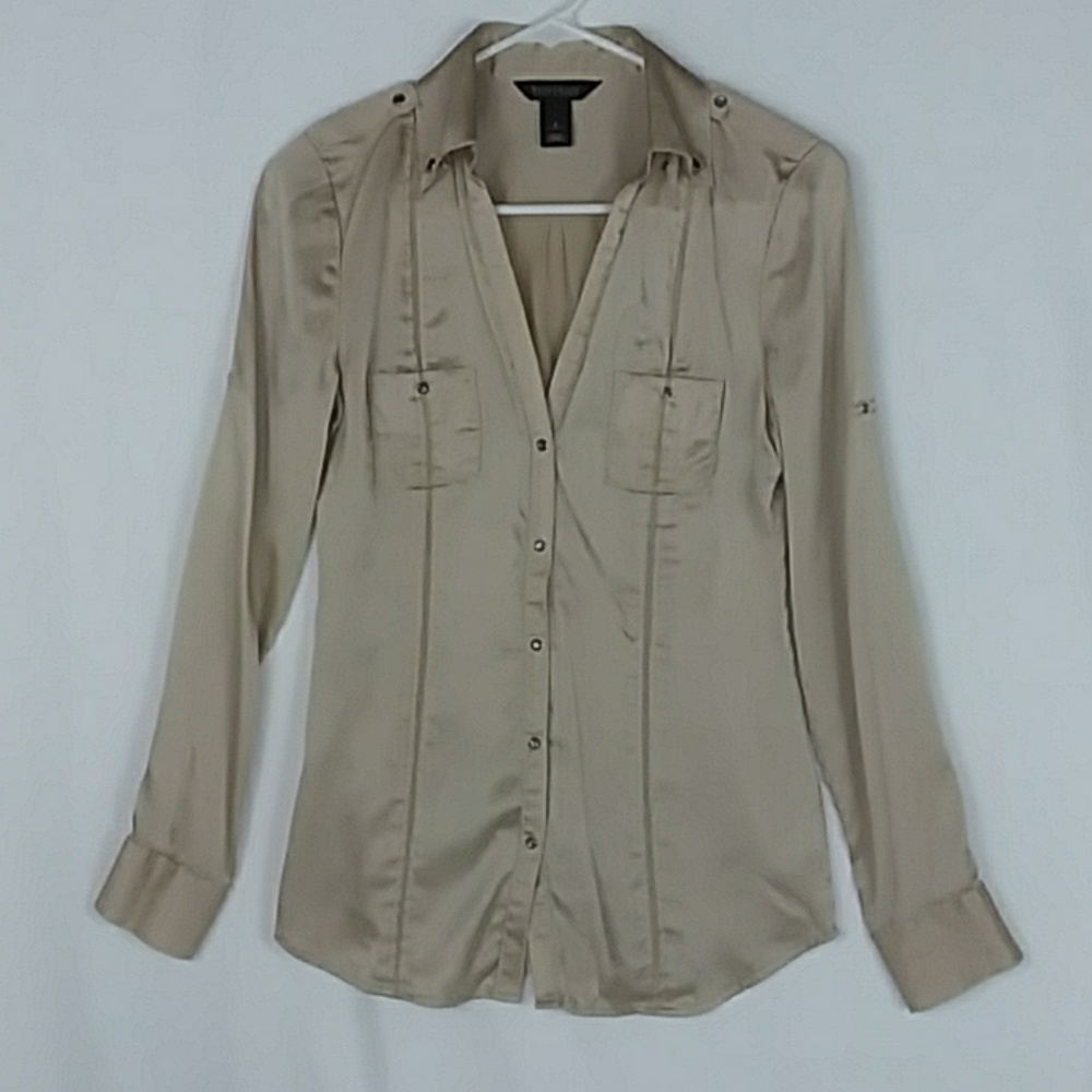 WHBM Long Sleeve Silk Blouse Beige Small